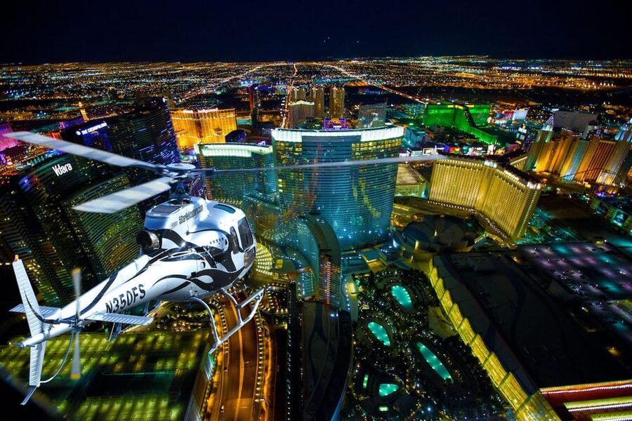 Las Vegas: Nighttime Helicopter Flight over the Strip - High Roller, Sphere, and the STRAT
